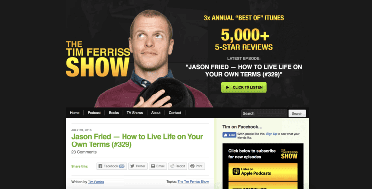A great personal website example featuring Tim Ferriss