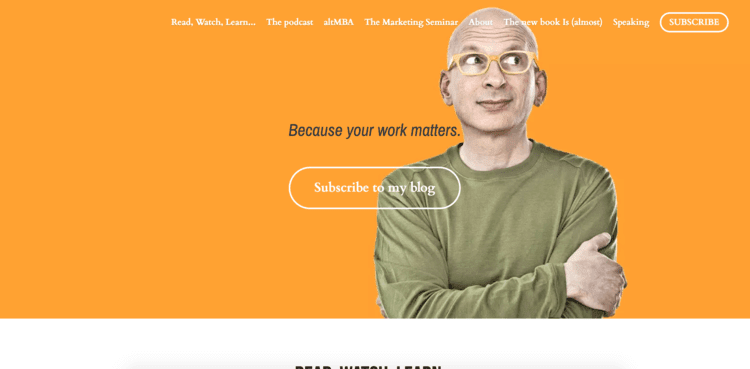 Yellow background example of the Seth Godin personal website